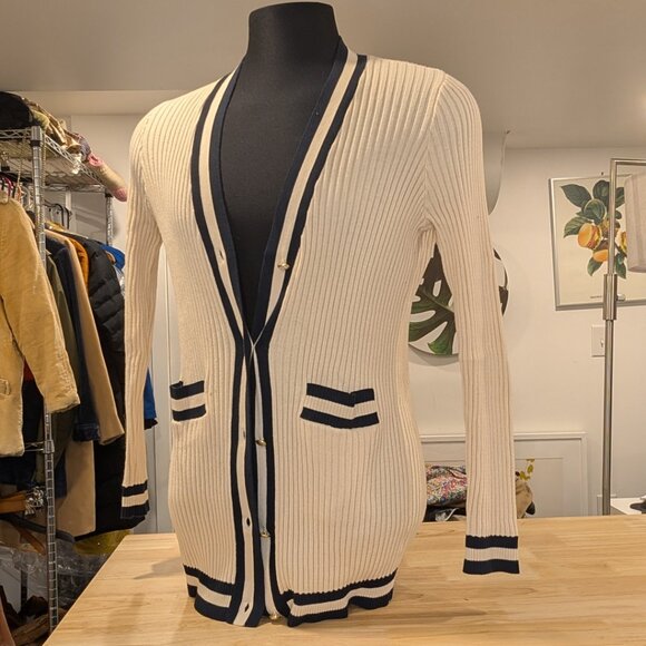 CAbi Radcliffe Cardigan Cream & Navy Gold Buttons Long Sweater - Women's sz M - Picture 6 of 7